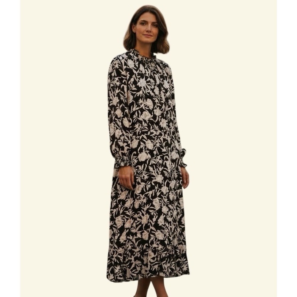 J.Crew Parisian Chic Floral Midi Dress Size 6 Classic Preppy Long Sleeve Tiered